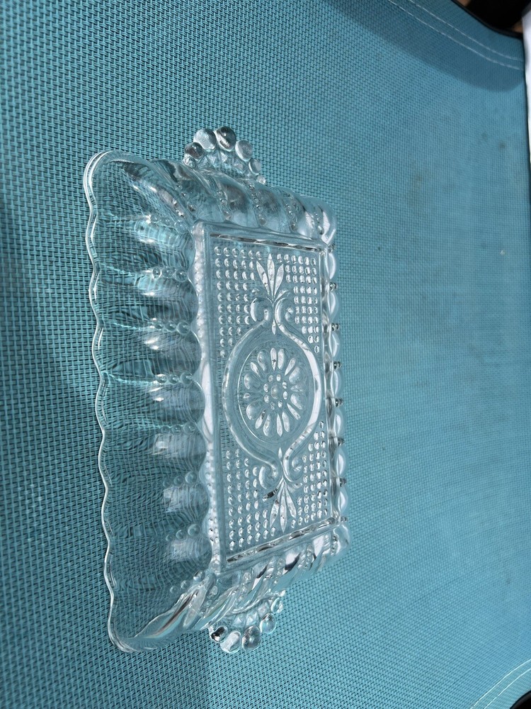 small rectangle shape crystal server with handles.  In good condition.
