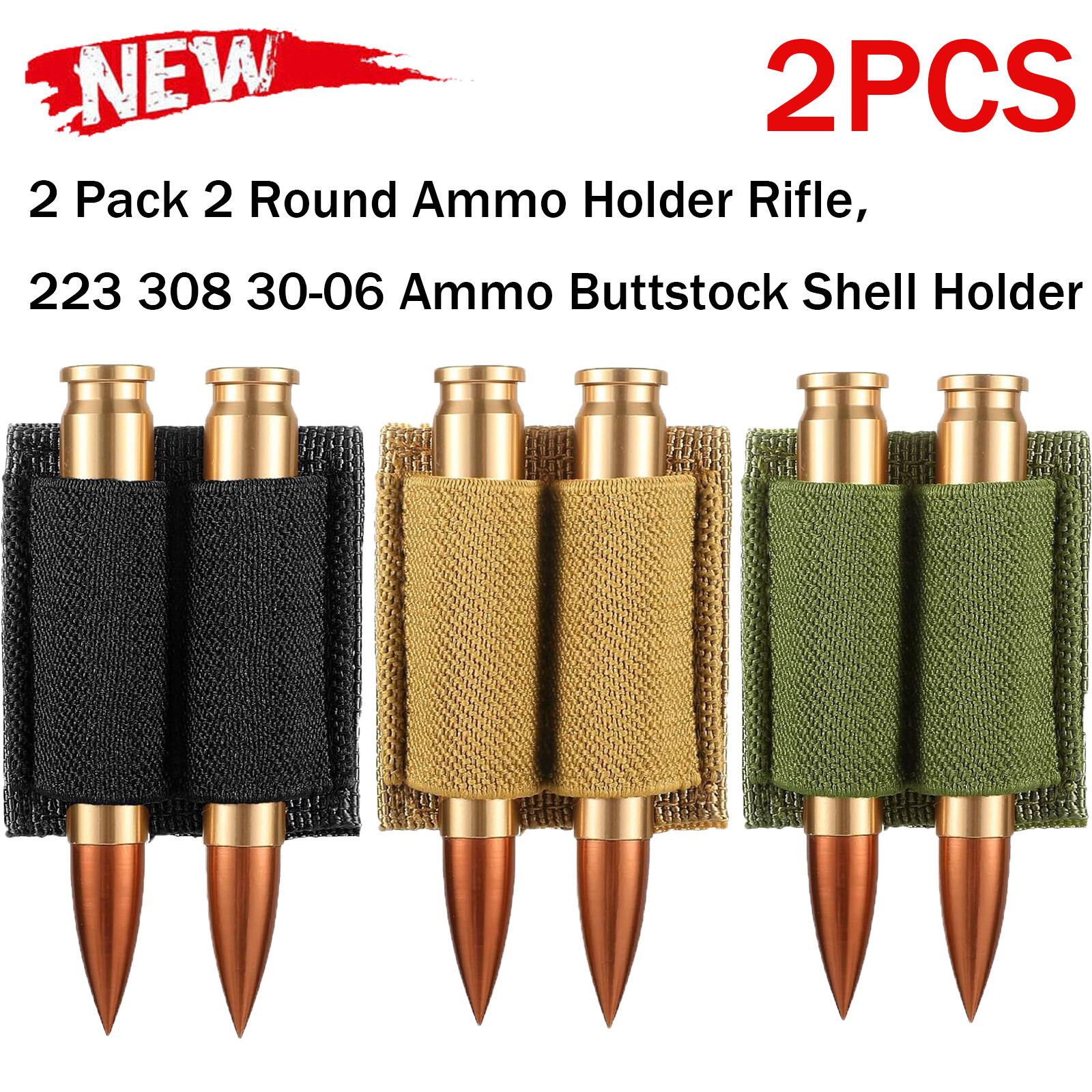 2 Round Ammo Bullet Holder Rifle 223 308 30-06 Ammo Buttstock Shell Holder 2Pack