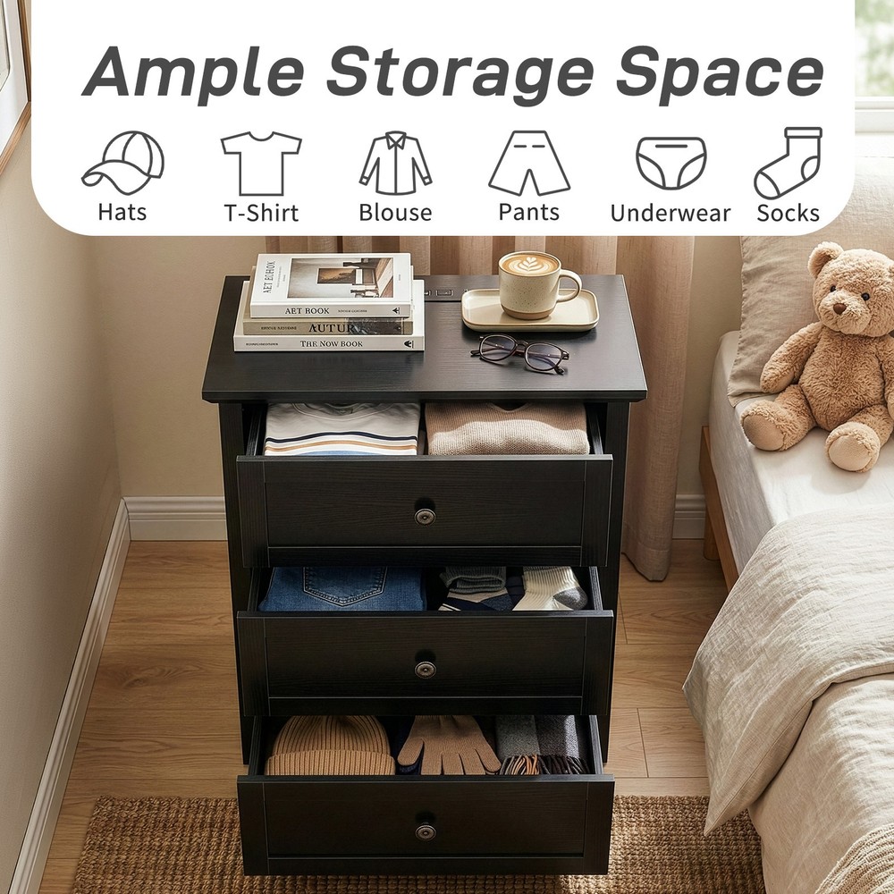 Black P2 MDF Particleboard with Melamine Veneer Three-drawer Bedside Table