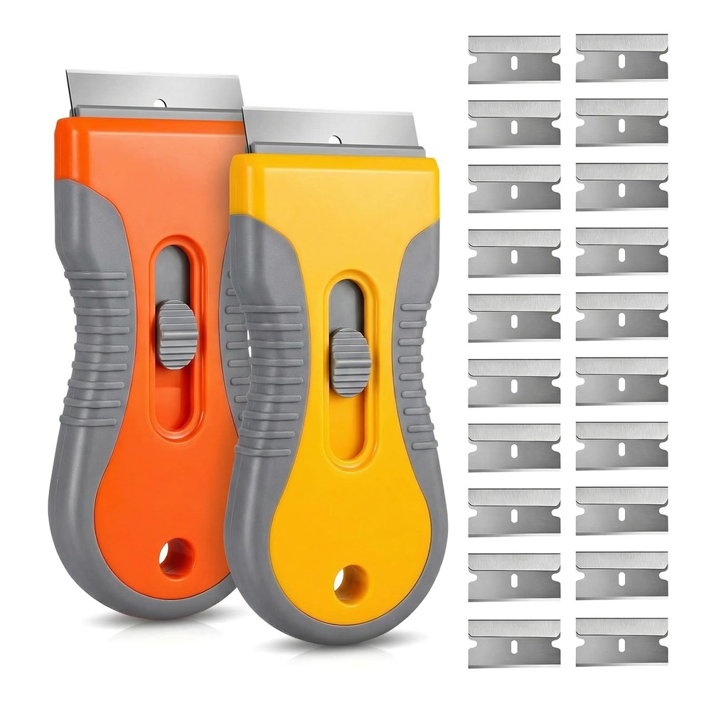 Razor Blade Scraper Tool 2 Pack with 20 Extra Blades - Retractable Red,orange