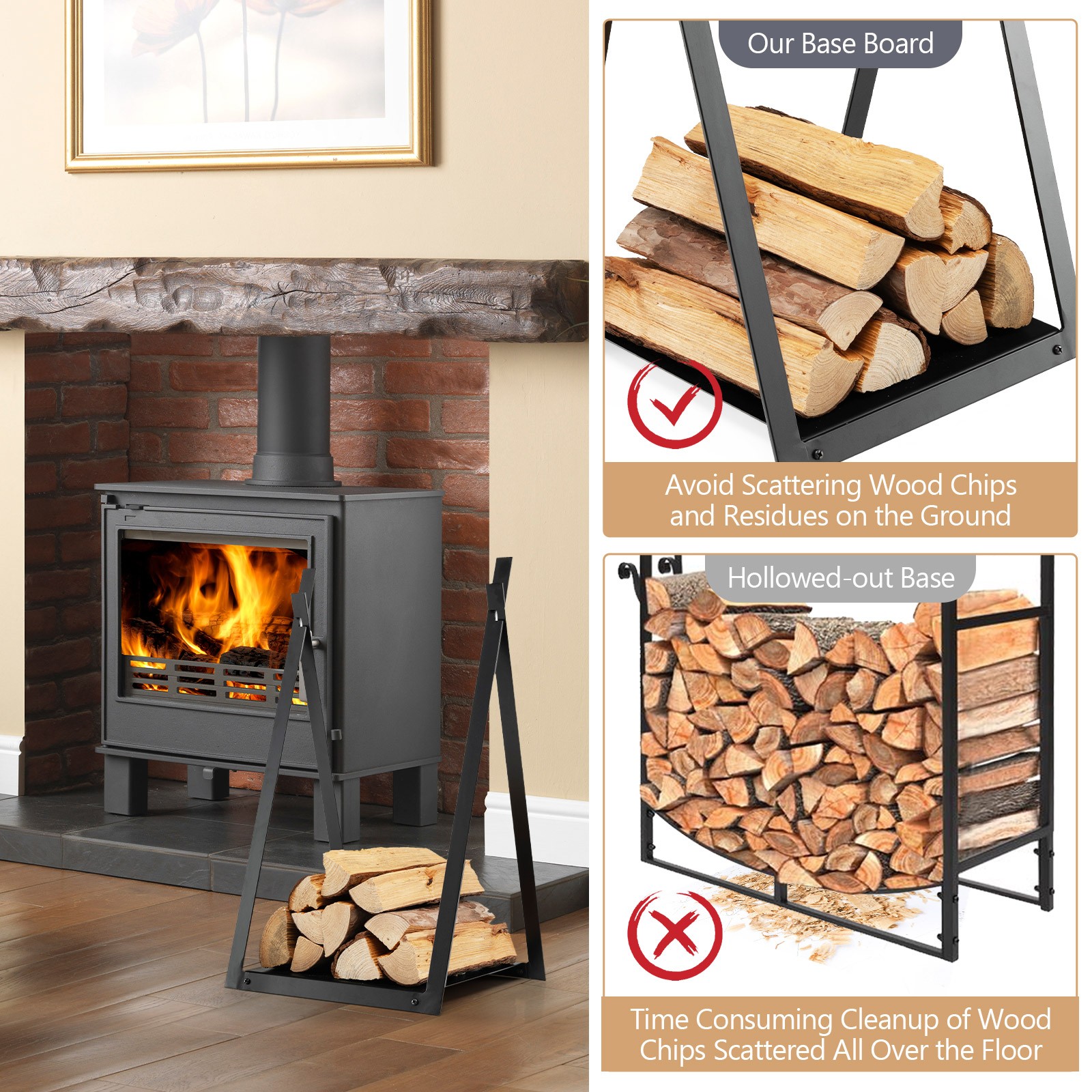 Firewood Rack Fireplace Wood Holder Storage Log Holder with Raised Base