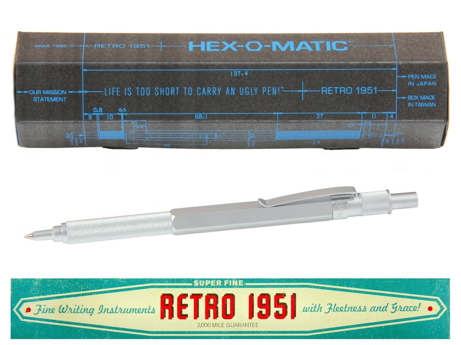 Retro 51 / Hex-o-matic Series Silver Ballpoint Pen #HEX-615BP