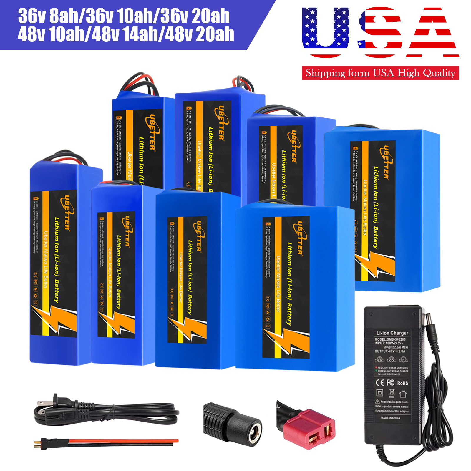 36V 10AH/14AH/20AH Lithium Battery,Built-in 30A BMS for 0-1000W Motor