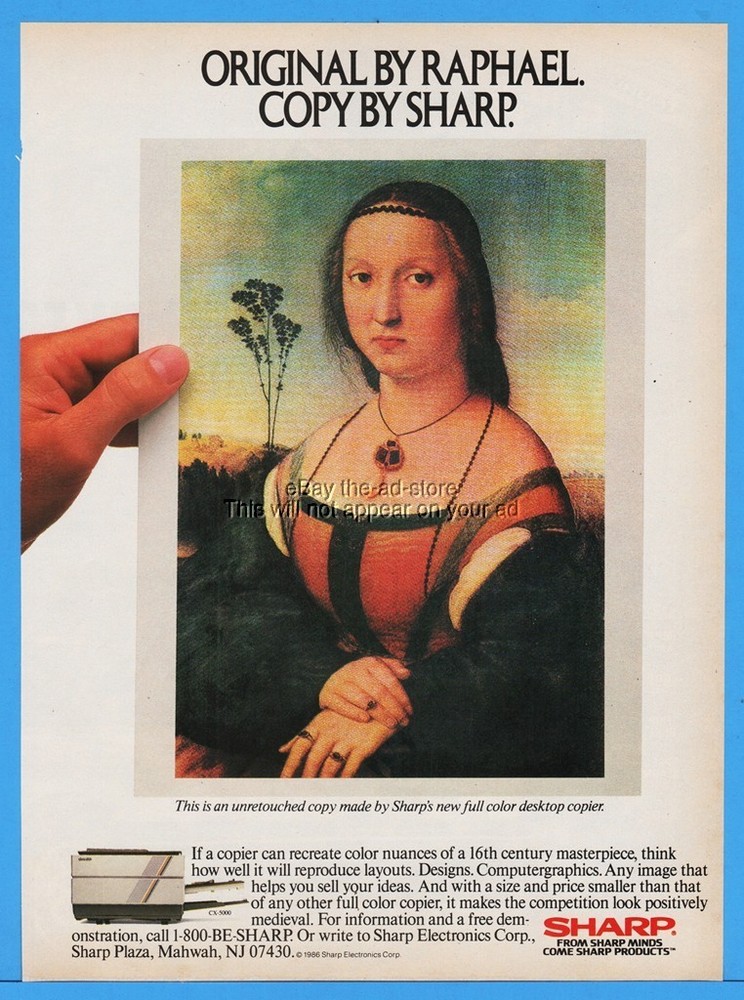 1986 Sharp Electronics Color Desktop Copier Raphael Portrait Maddalena Doni Ad