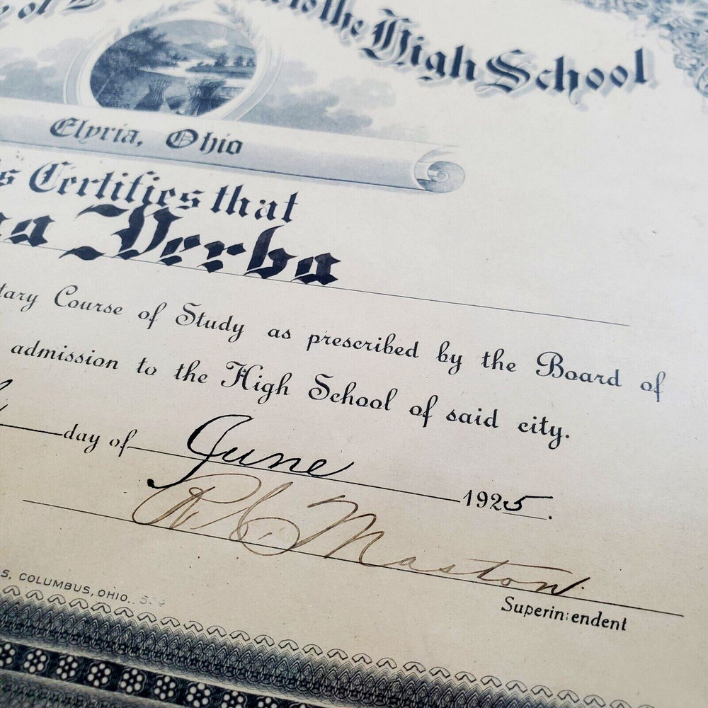 Certificate Promotion Elyria, Ohio Elementary School to High School 1925 Framed