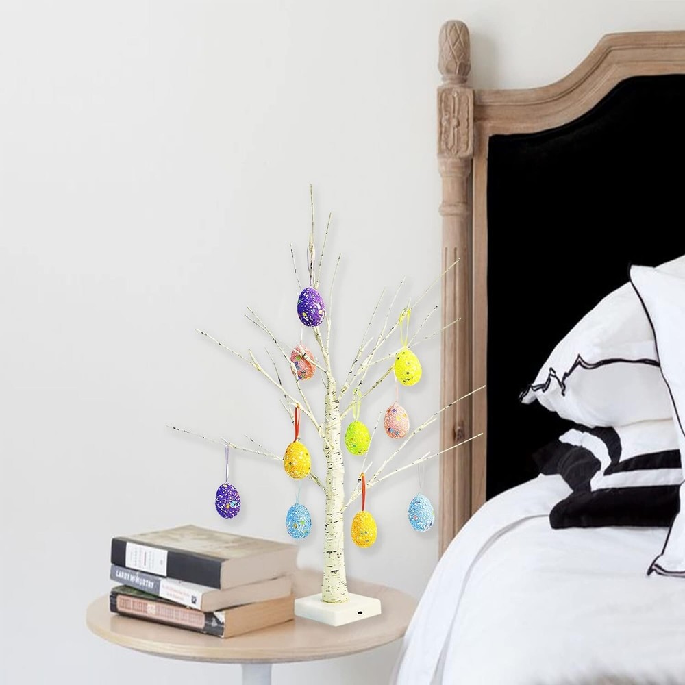 Easter Decorations 24 Inch Pre-Lit White Birch Tree with 10 Hanging Easter Egg