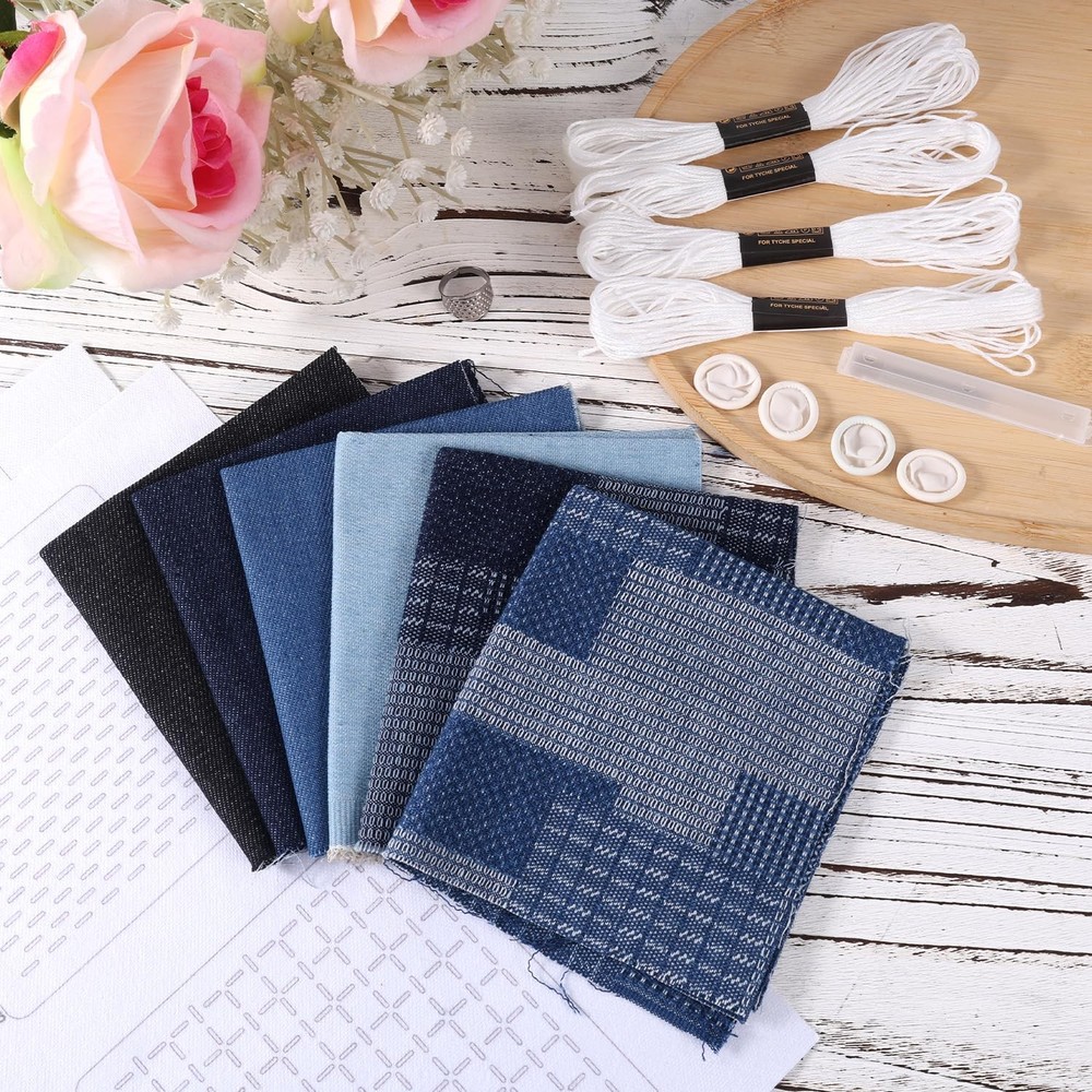 Sashiko Kit, Soluble Stencil Thread and Needles Colourful