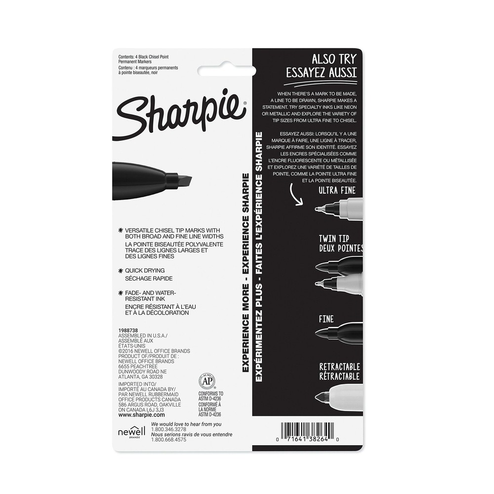Sharpie Permanent Markers, Chisel Tip, Black, 4 Count