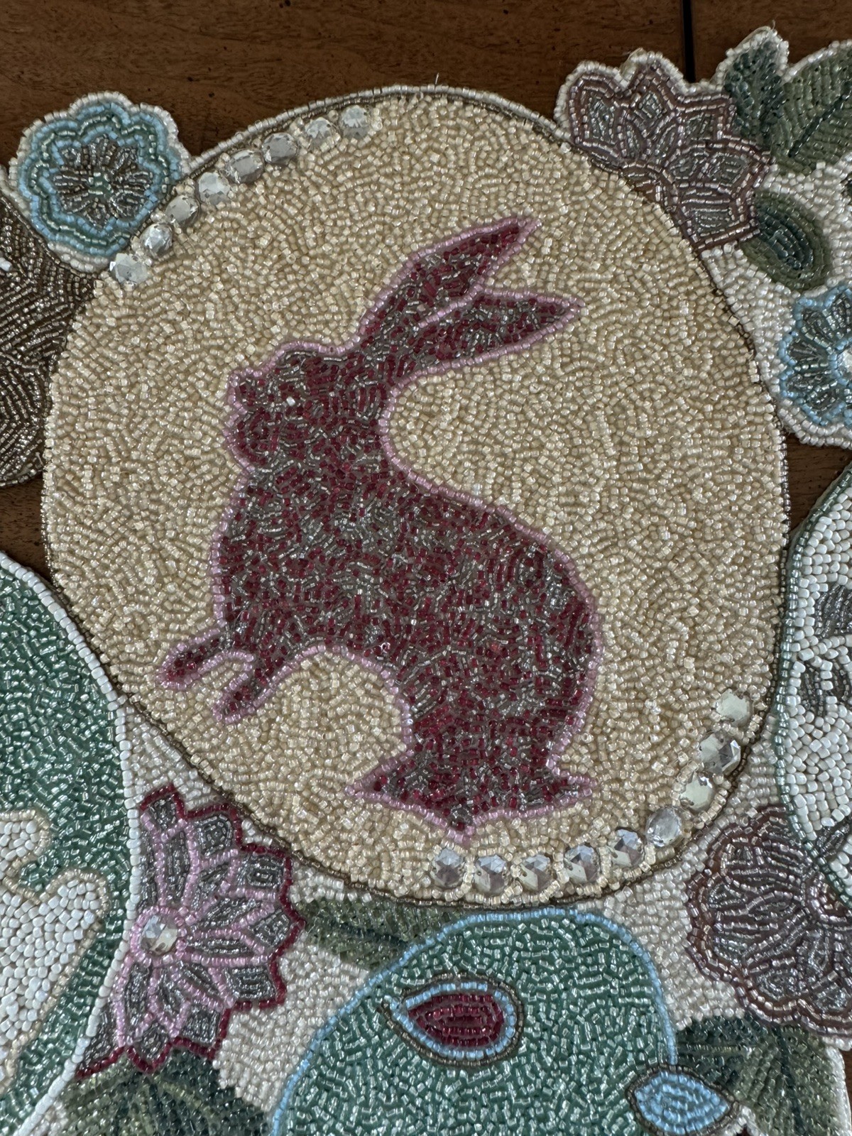 90s Pier 1 Imports Easter Egg & Bunny Rabbit Glass Beaded Table Runner 13” X 35”