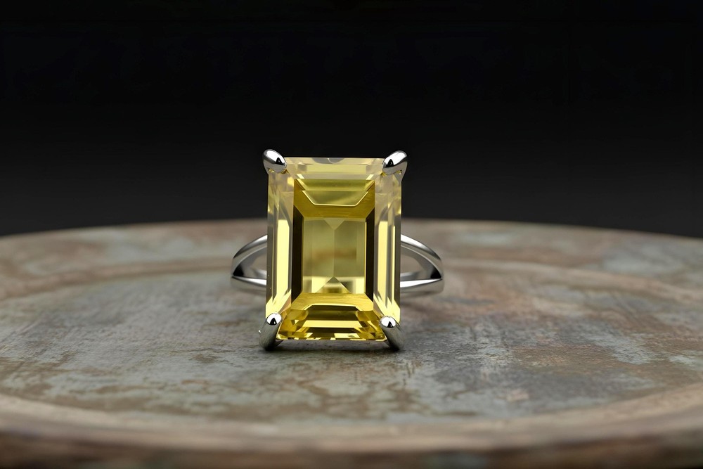 Lemon Quartz Ring Anemone 14k Gold Filled Emerald Cut Rectangle Stone