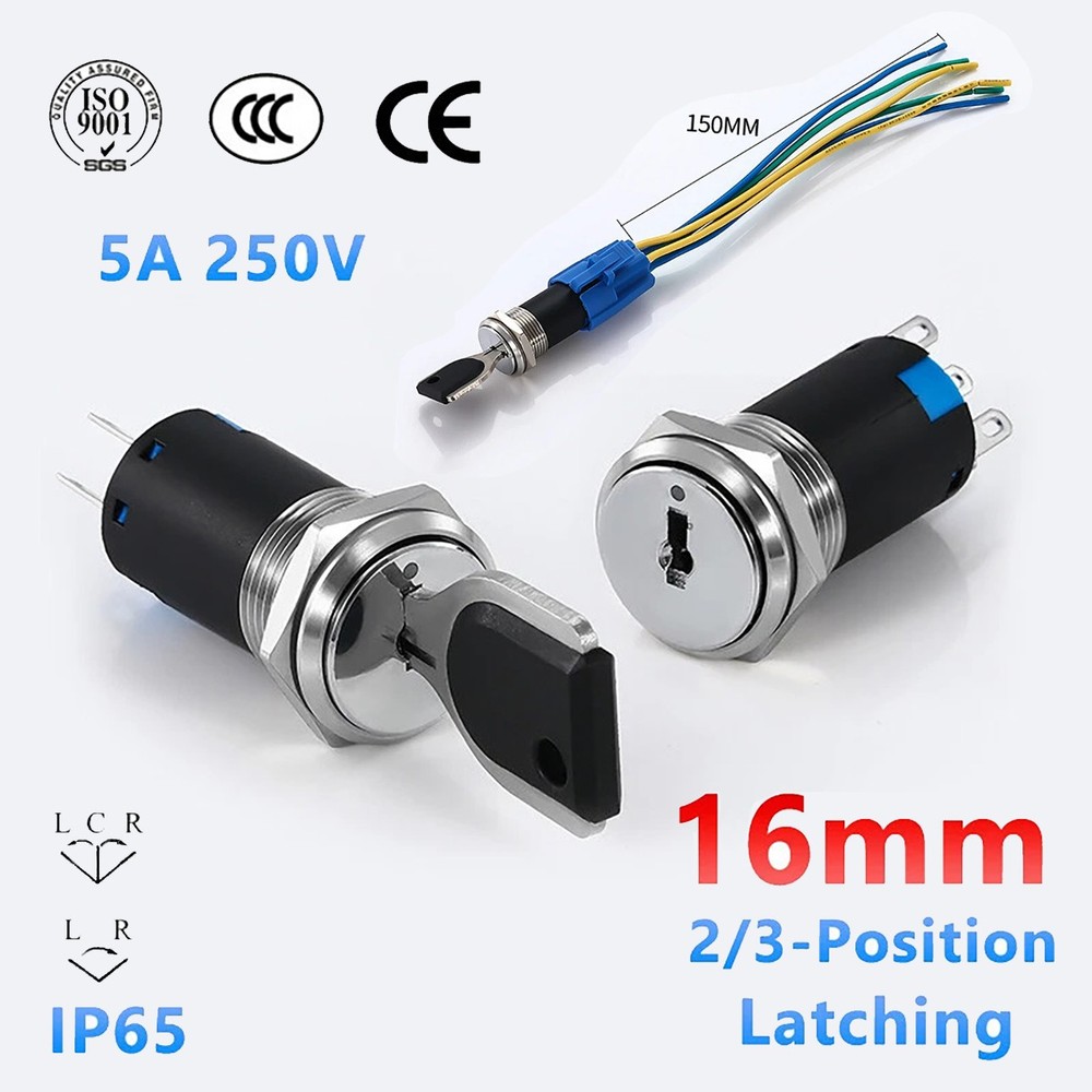 Latching 16mm Rotary Key Switch 2/3 Position Selector Security Lock ON/OFF 5A