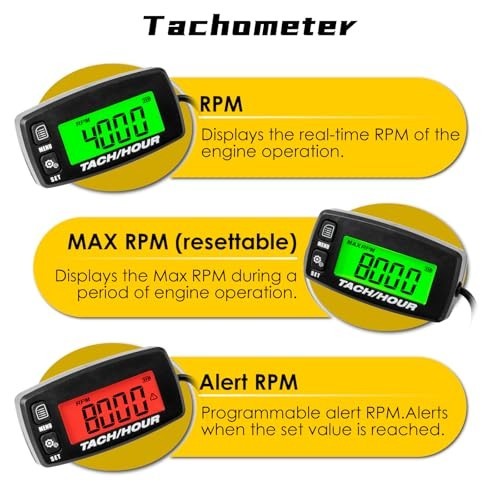 Digital Tachometer Hour Meter - Waterproof, Backlit, Inductive, Battery Replacea
