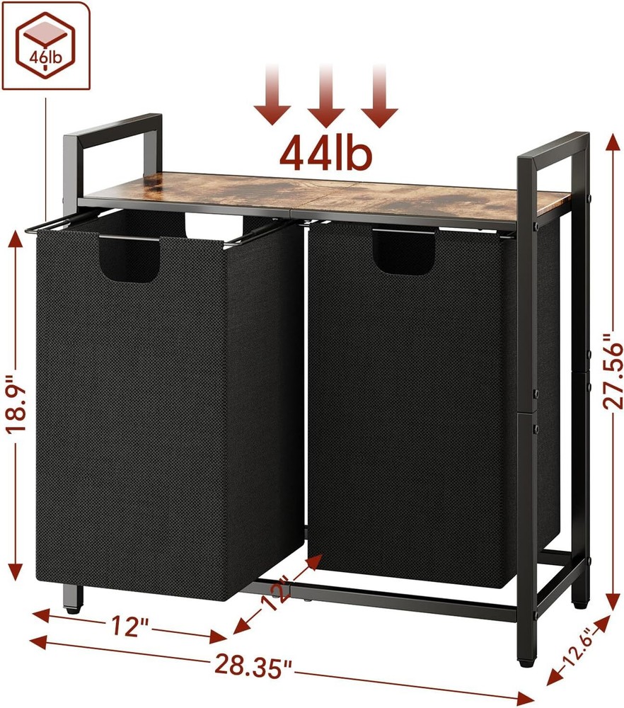Laundry Basket Organizer, Hamper with Shelf Large, Rustic Brown、Black