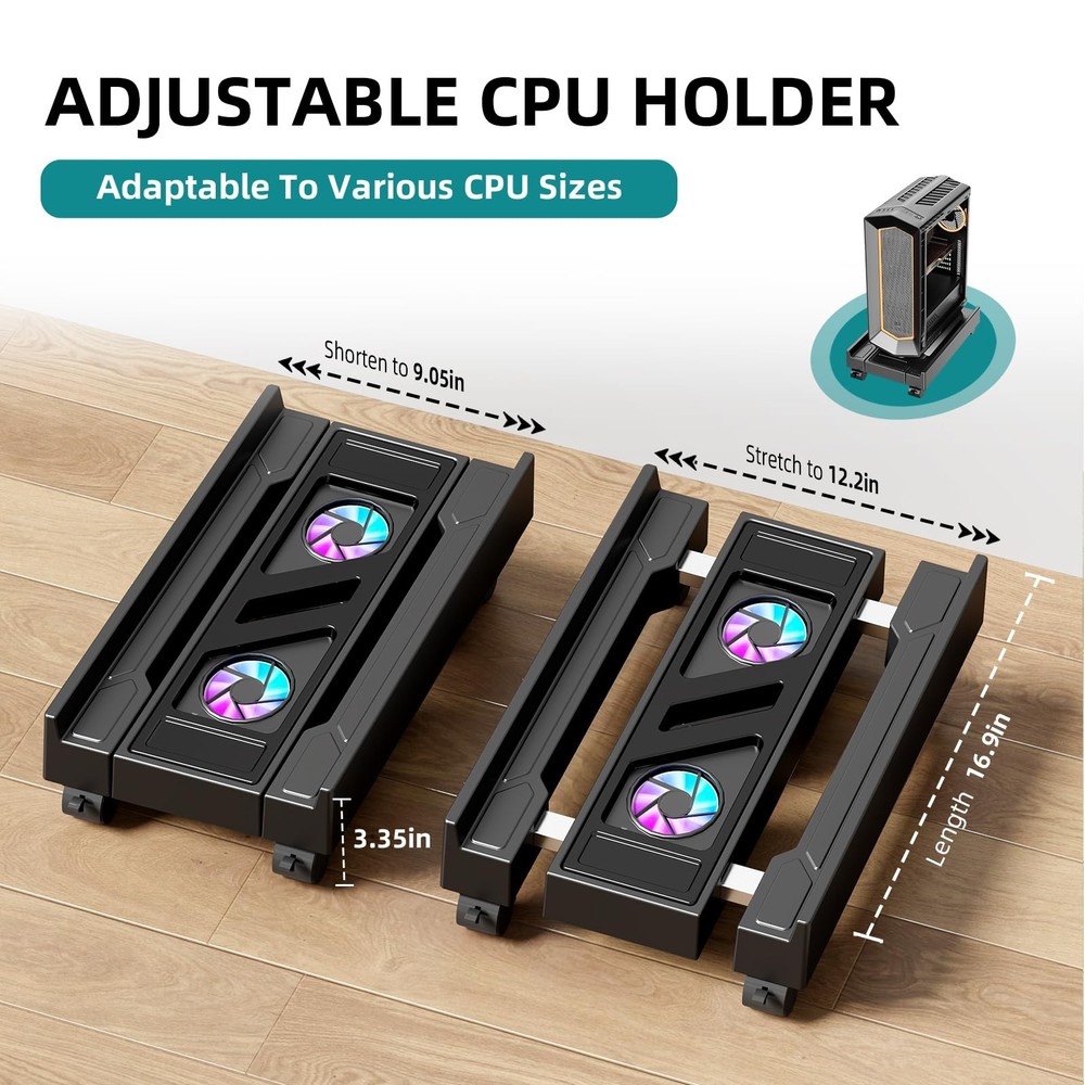 Adjustable Computer Tower Stand with Cooling Fan, Mobile CPU Holder with 4 Rolli