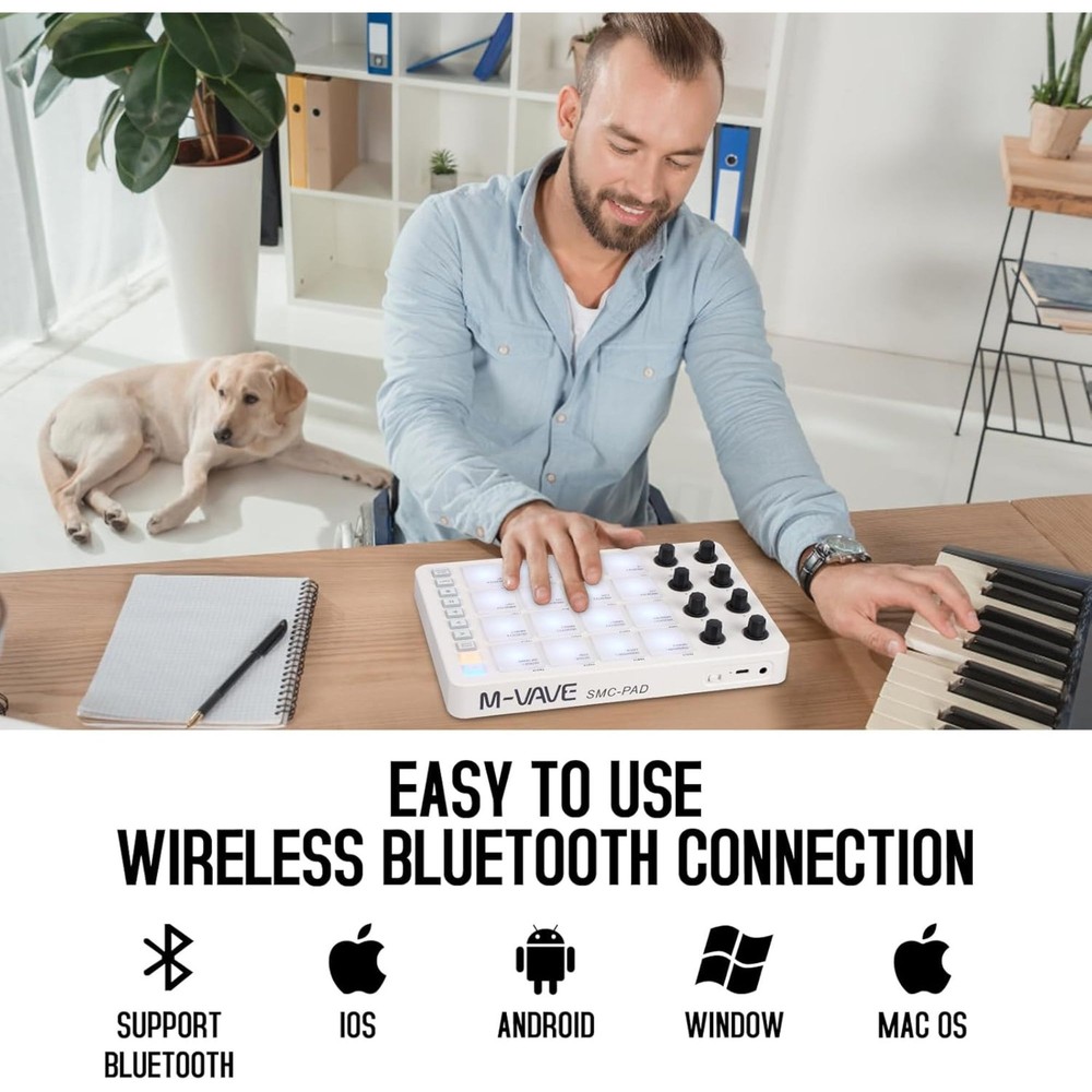 M-WAVE Midi Controller - Bluetooth USB Pad - 16 Drum Pads, 8 Knobs, Rechargeable