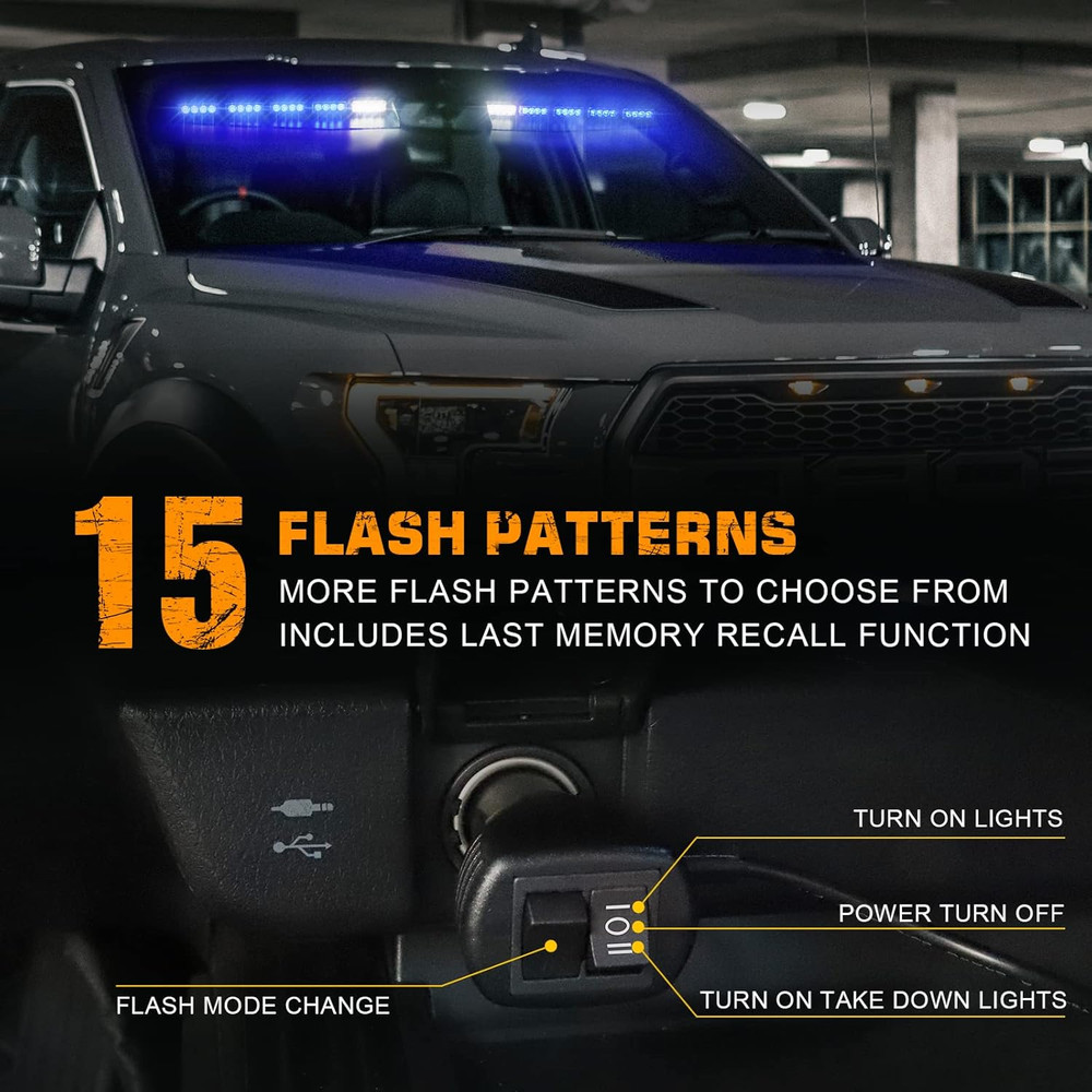 34 Inch Blue Emergency Visor Lights Bar Interior Front Windshield Strobe Lights