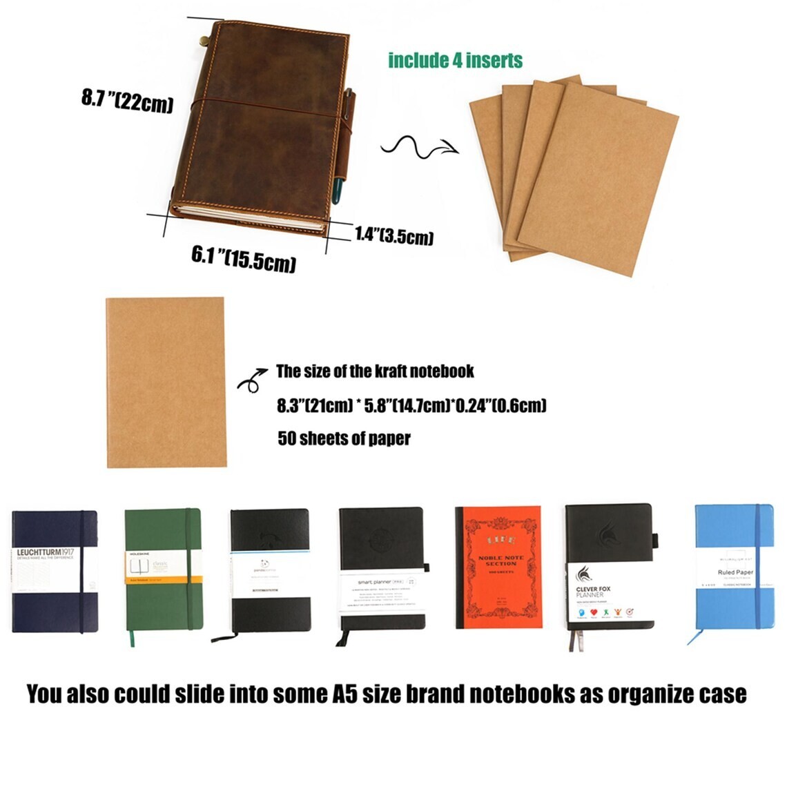 Personalized genuine leather travel journal A5 refillable notebook organizer