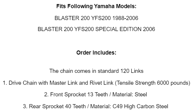 Black Drive Chain And Sprockets Kit for Yamaha Blaster 200 YFS200 1988-2006