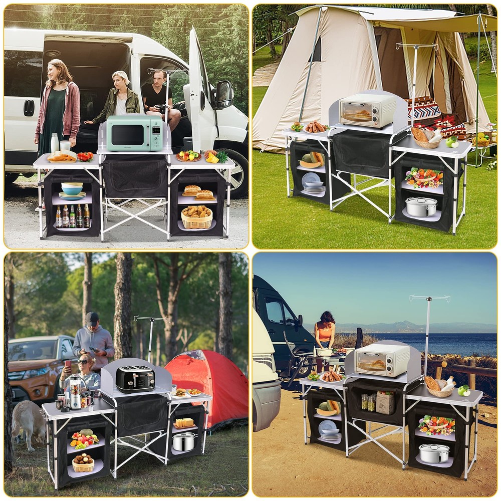 Camping Kitchen Table, Folding Grill Table, Upgrade Light Stand and Windshiel...