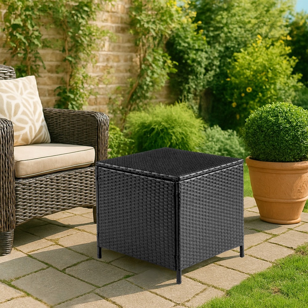 PE Wicker Side Table with Storage, Patio Rattan End Table Square Container