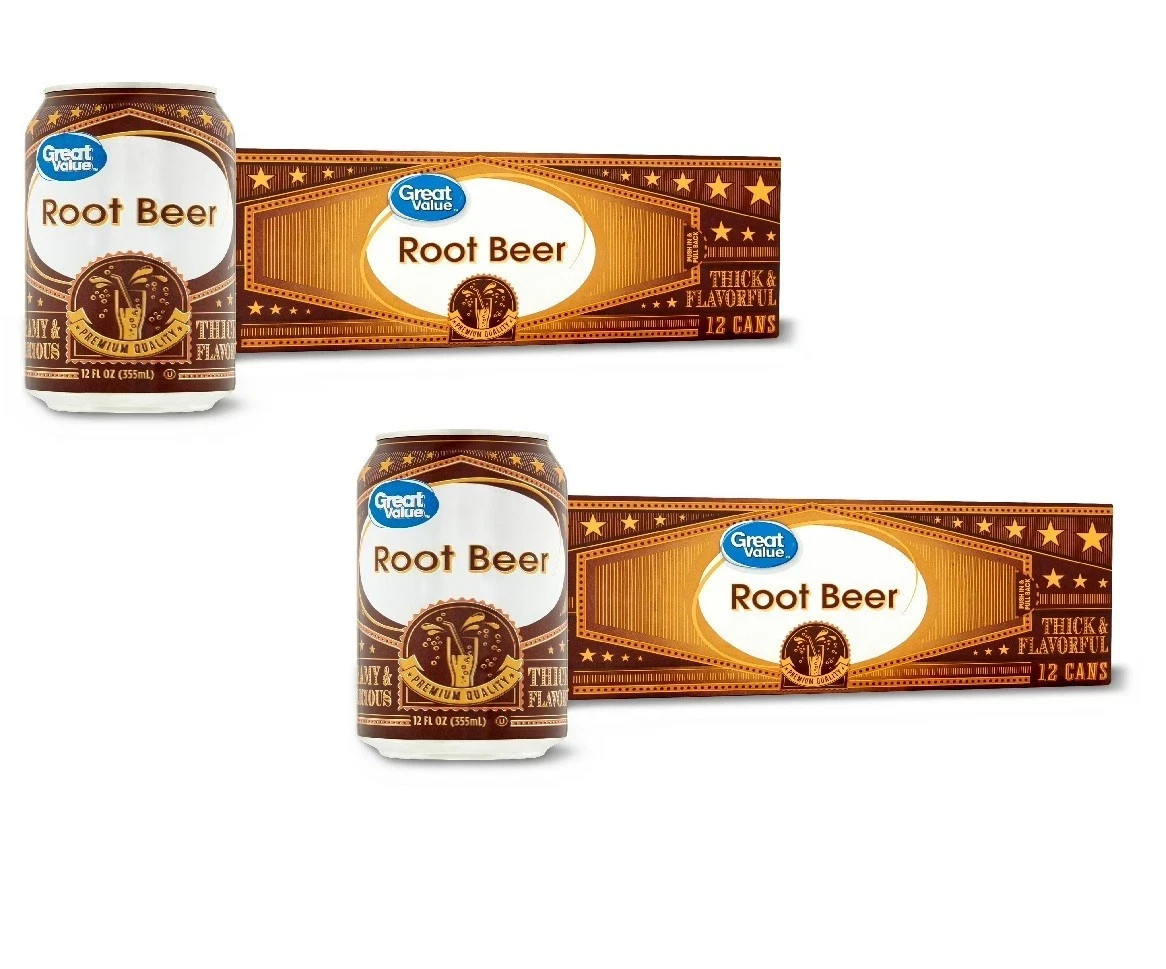 Great Value Root Beer Soda Pop, 12 fl oz, 12 Pack Cans Pack of 2