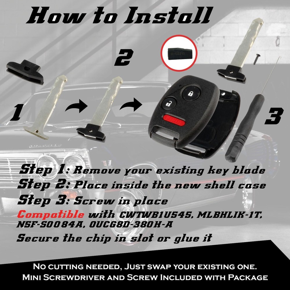 Cutting NOT Required - 2 Key Fob Keyless Entry Remote Shell 2-Pack, Black