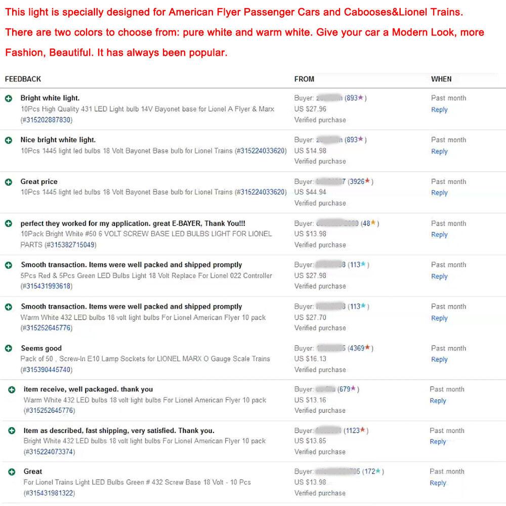 Bright White 432 LED bulbs 18 volt light bulbs For Lionel American Flyer 10 pack