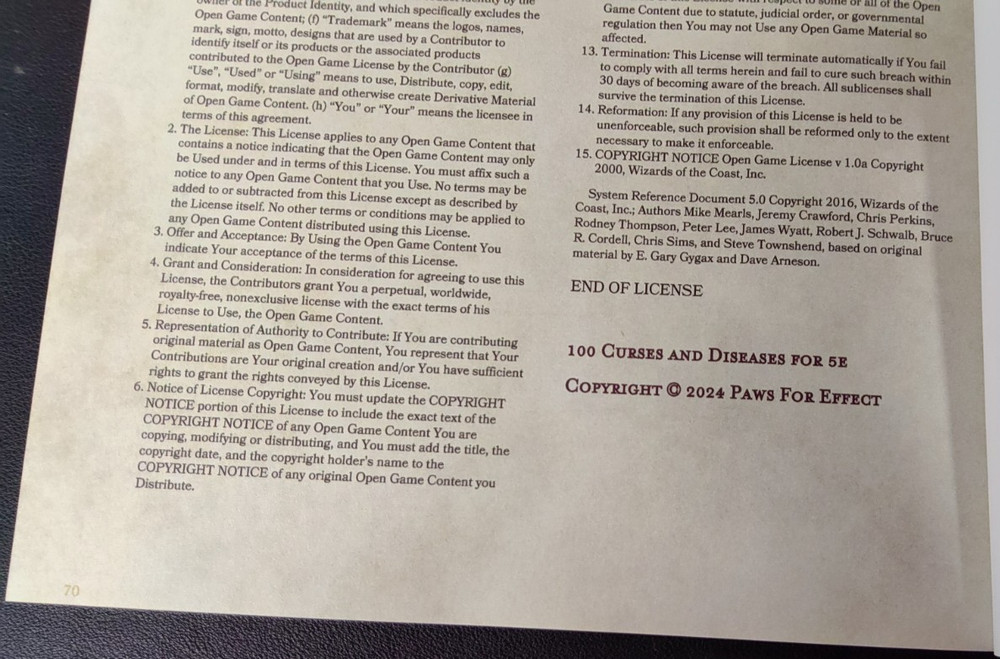 100 Curses and Diseases Paws for Effect 5E Compatible 2024 PB