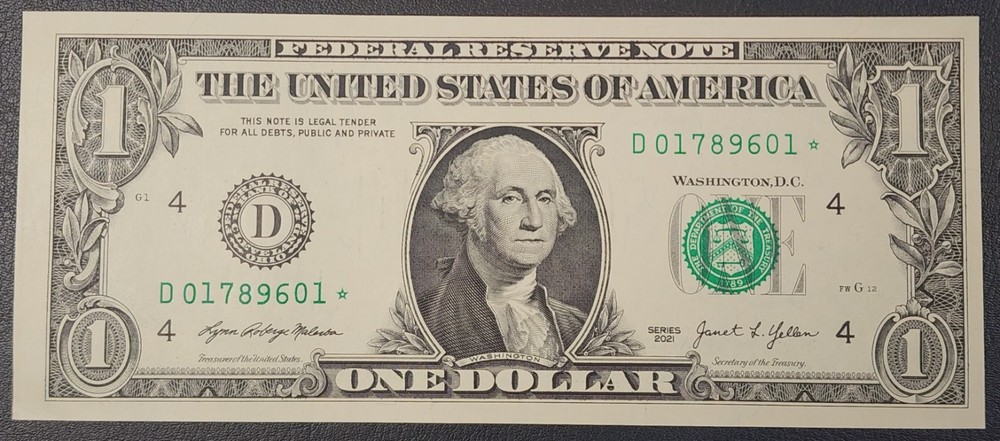 Uncirculated 2021 One Dollar ($1) *STAR* Note-Sequential Available, D District