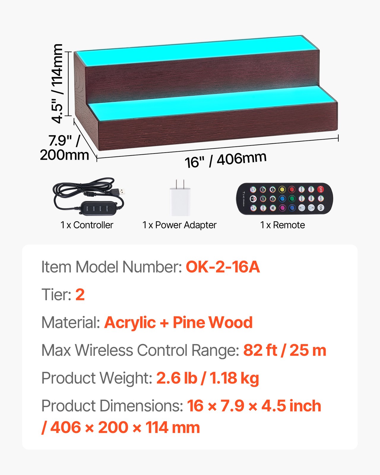 VEVOR LED Lighted Liquor Bottle Display 2-Tier 16 Inch Rack for 8 Bottles
