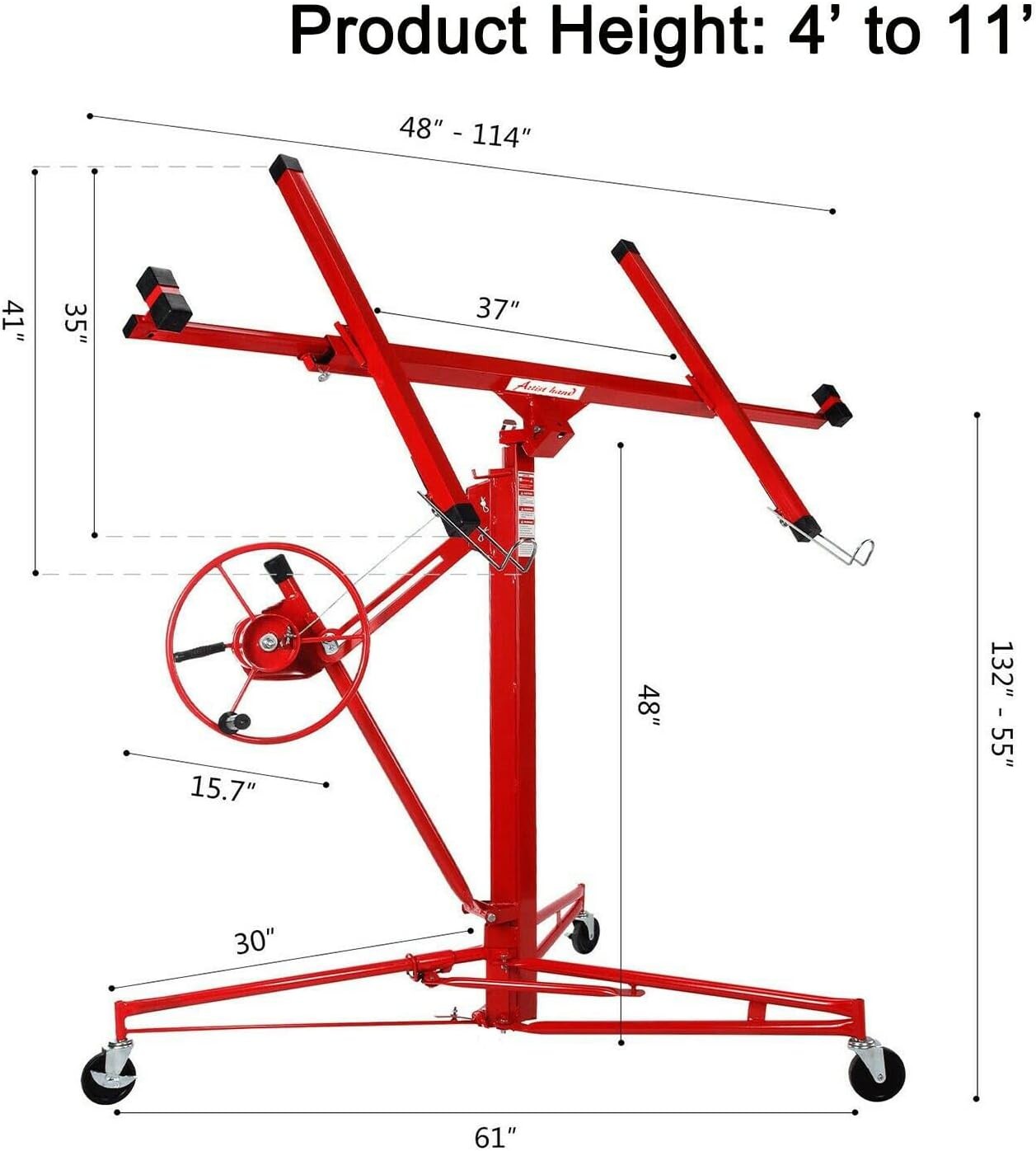 11FT Drywall Lift Hoist 150LBS Load, 4" Casters for Easy Move Foot Stop Safety