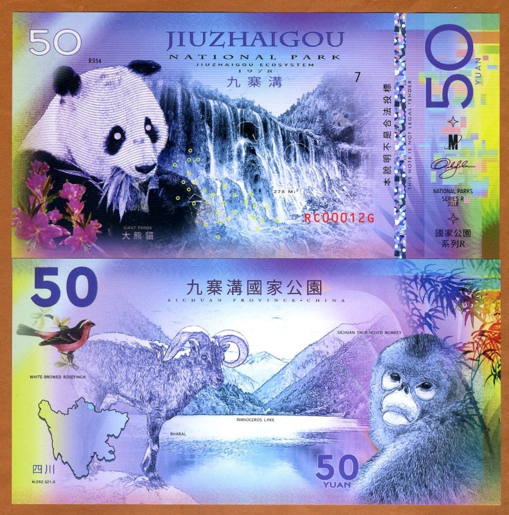 China, Jiuzhaigou National Park, 50 Yuan, Polymer, 2018 Panda, Monkey