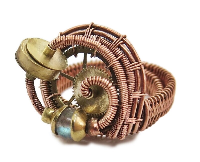 Adjustable Labradorite Steampunk Ring in Copper and Brass
