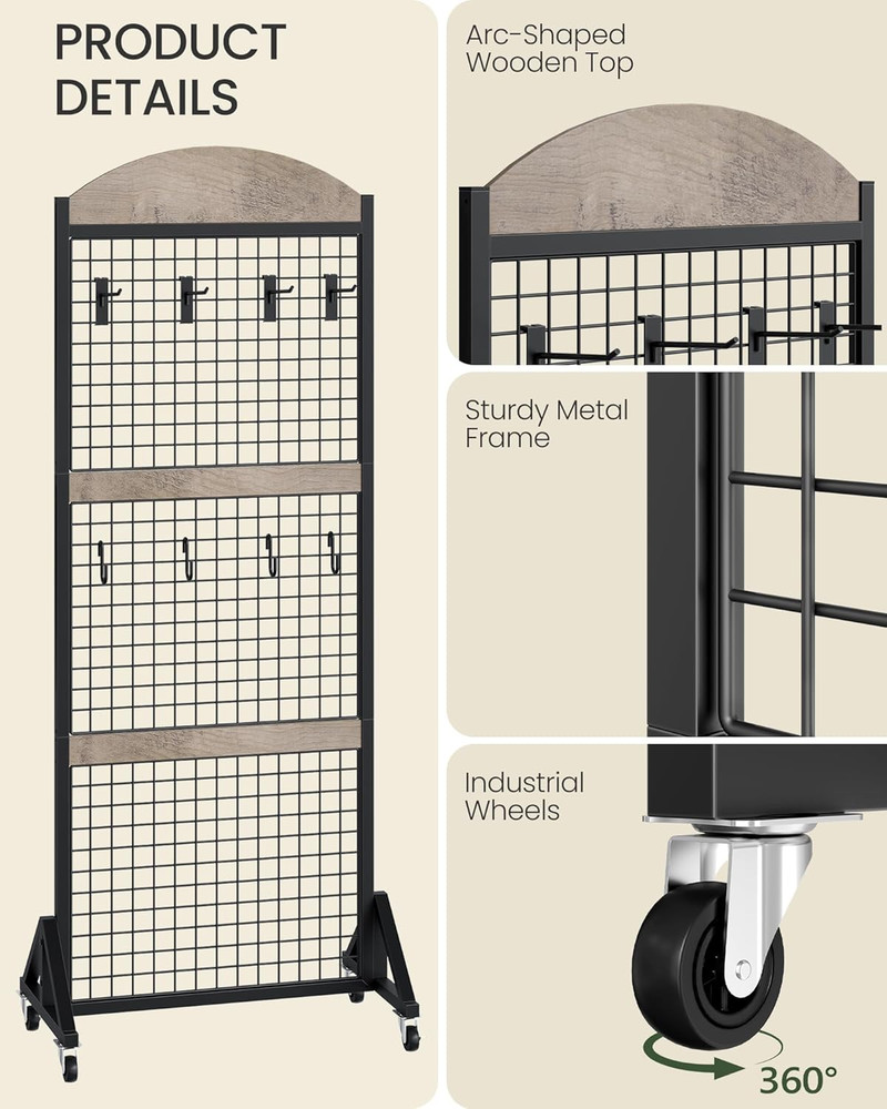 Movable Grid Wall Panel Display Rack with Wheels & Hooks - Greige/Black