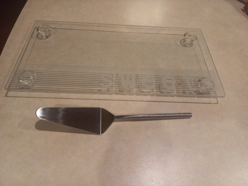 S&P Salt & Pepper Rectangular Glass sweets plate with cake server 40x20cm