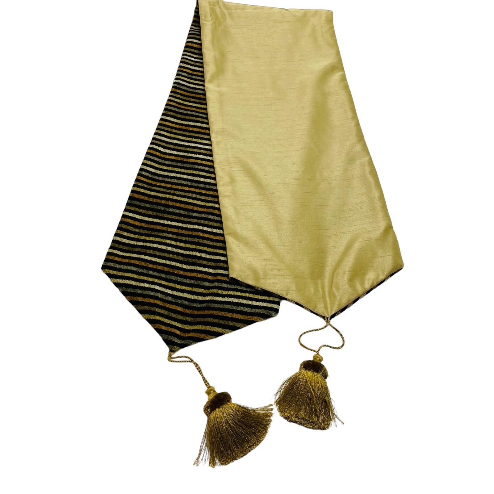 Reversible Silk Shantung Table Runner Velour Stripe 11x58 Gold Beige Black Fall