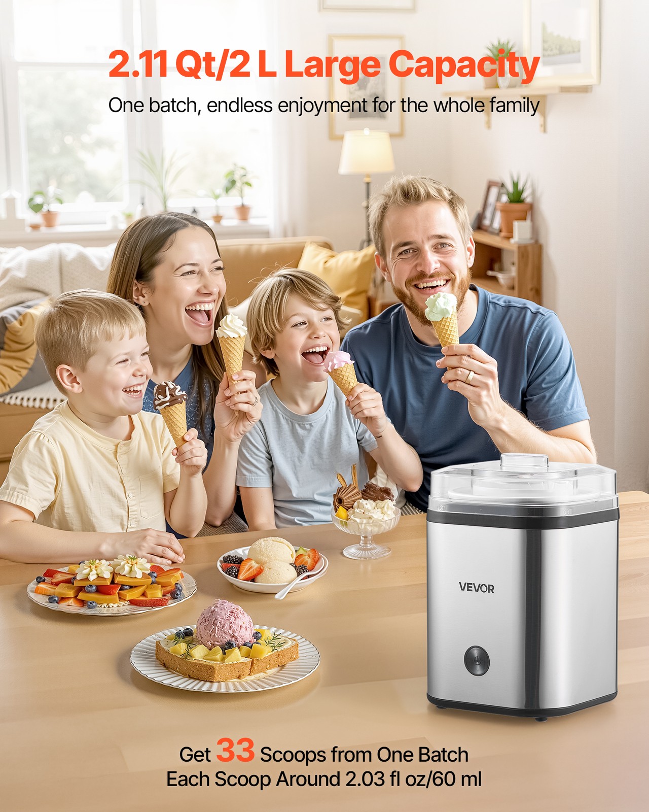 VEVOR Ice Cream Maker Stainless Steel Automatic Machine 2.11 Qt Capacity Silver