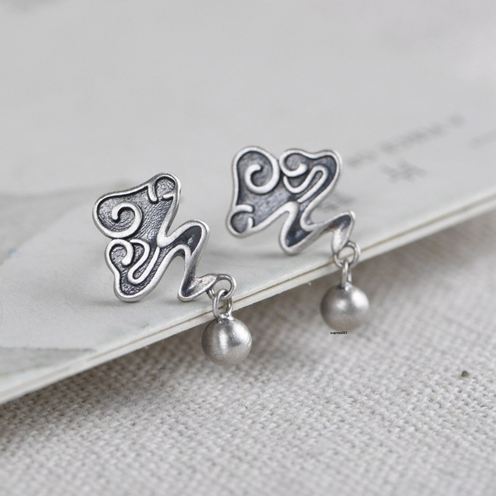Solid 925 Sterling Silver Stud Women Lucky Retro Cloud Bead Dangle Earrings