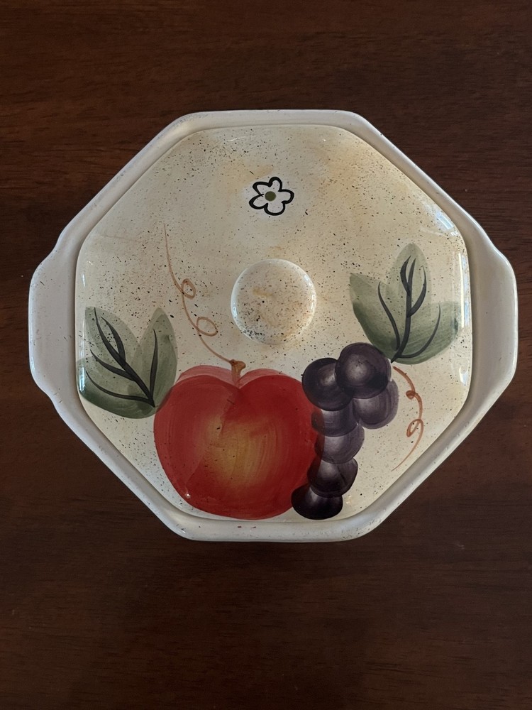 Small Vintage Covered Food Dish Apple Grape Fruit Pattern Stoneware Granny-Core