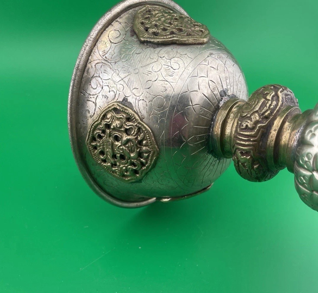 Vintage Tibetan Buddhist Butter Oil Alter Lamp Ornate Repousse Etched Designs