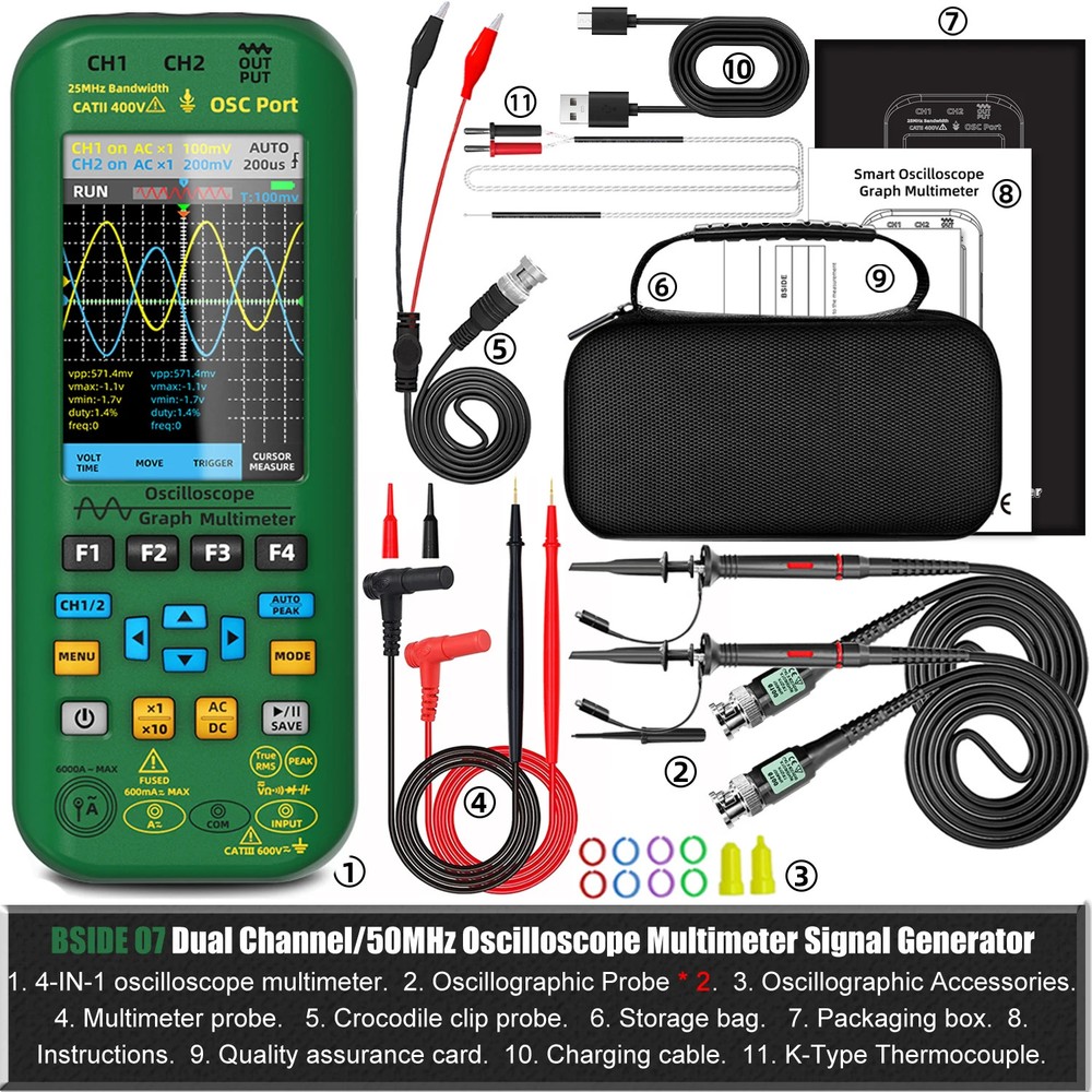 Oscilloscope Multimeter 2 Channels, 50MHz Bandwidth 250MSa/s Sampling Rate