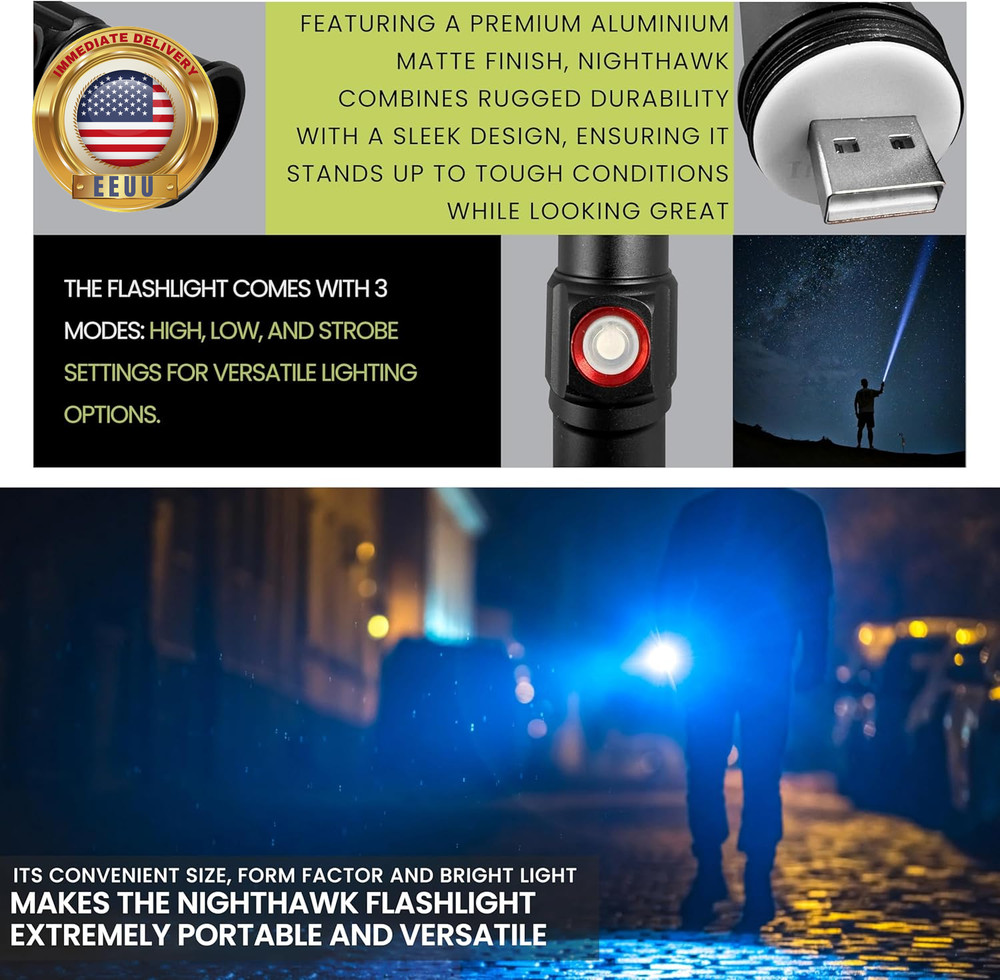 Nighthawk LED Flashlight – 700 Lumens, Rechargeable with 3 Modes & USB Charging