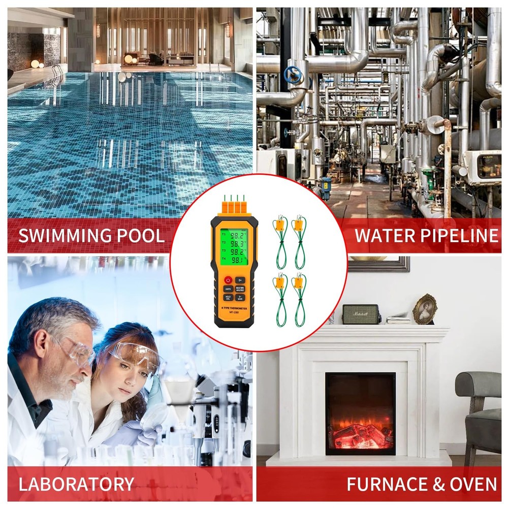 4-Channel K-Type Temperature Thermometer with LCD Backlight Measurement Range...