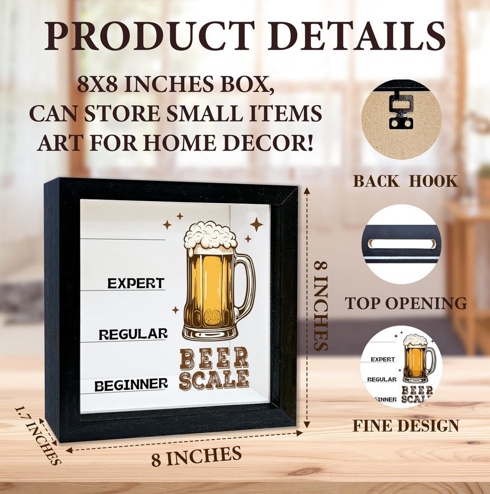 Beer Scale Shadow Box With Slots, Bottle Cap Catcher Boxes Frame 8x8 Inches D...