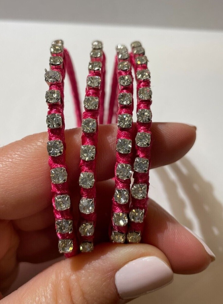 Summer Pink 4 Rolled Satin Rhinestones Stackable Bangle Bracelet DD1
