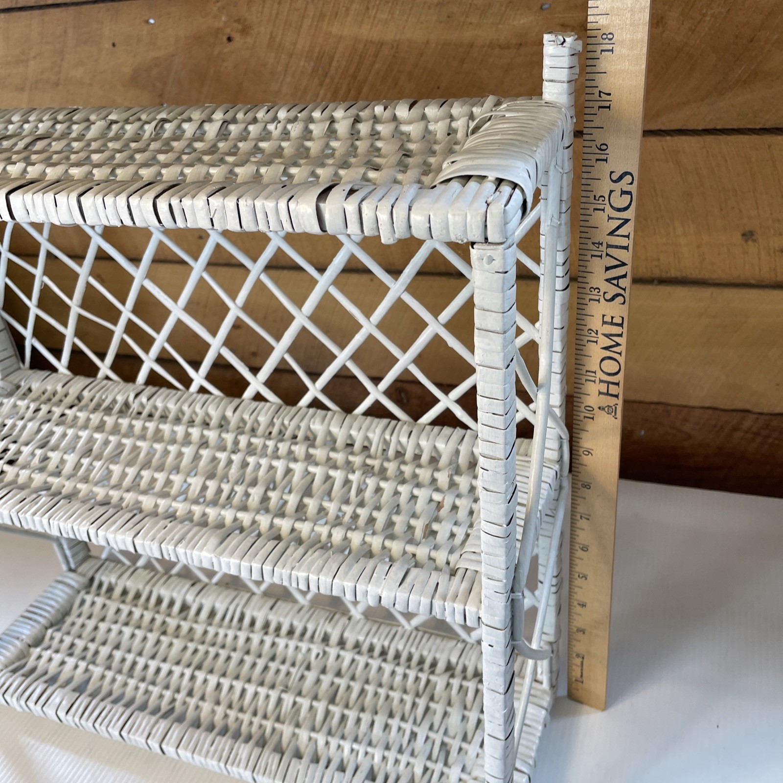 Vtg White Wicker Wall or Free Standing Shelf Boho, Shabby Chic, Cottage, Beach