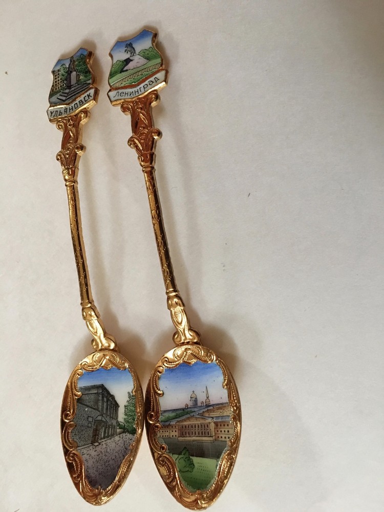 2 Vintage Enameled Russian Souvenir Spoons