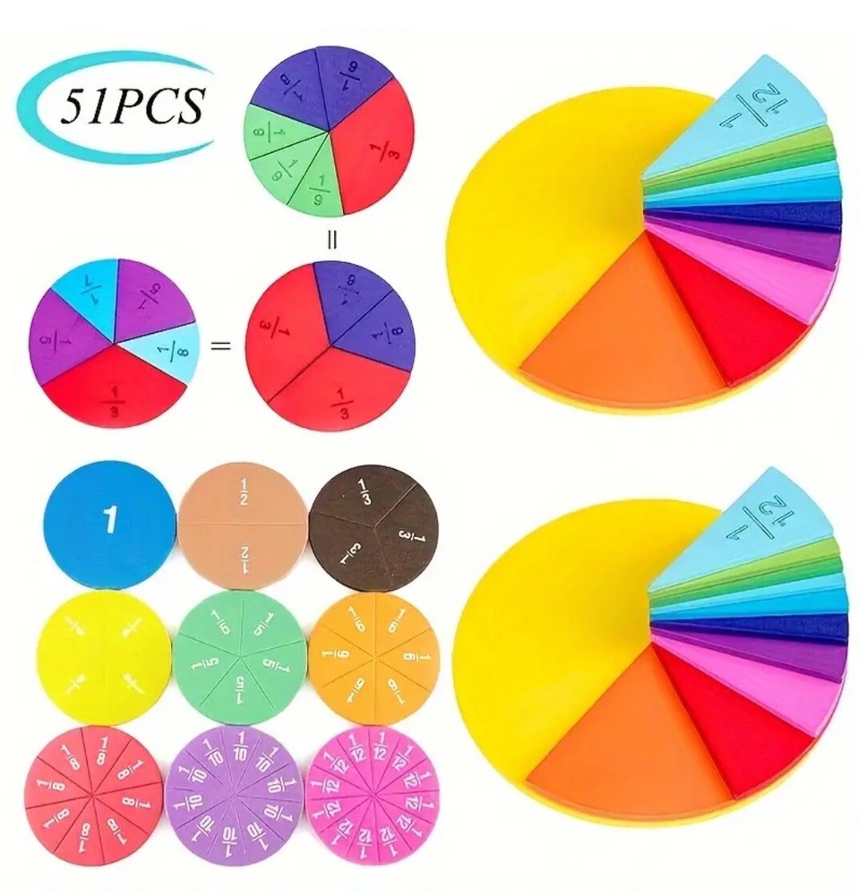 51pcs Montessori Math Fractions Learning Aid Circular Tool Colorful Tool