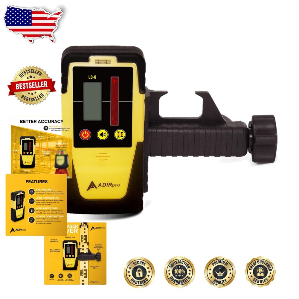 Universal Laser Detector Receiver - Dual Display, 2000ft, Built-in Bubble Level