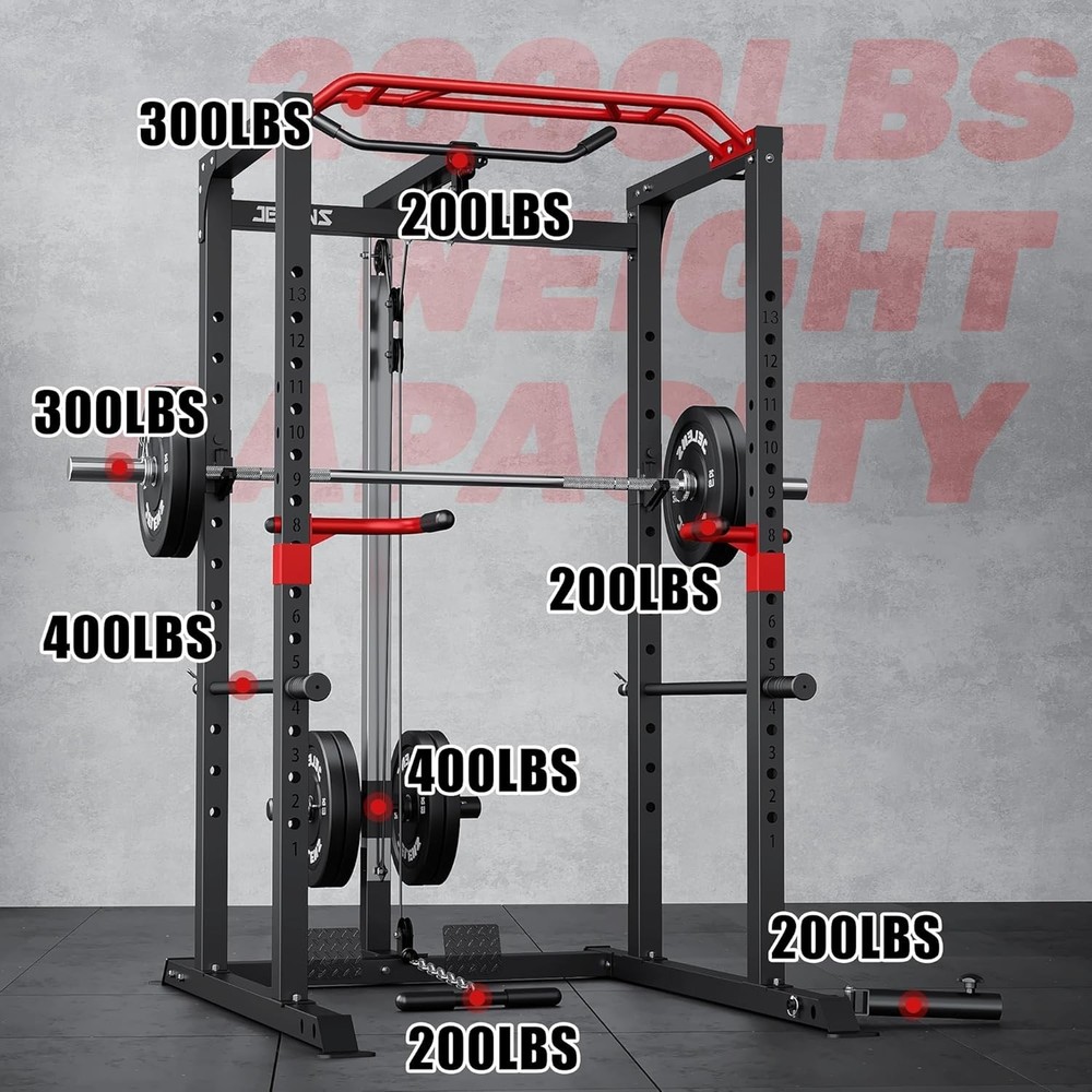 2000LBS Multi-Function Power Cage Rack with LAT Pulldown Adjustable Pulley Home